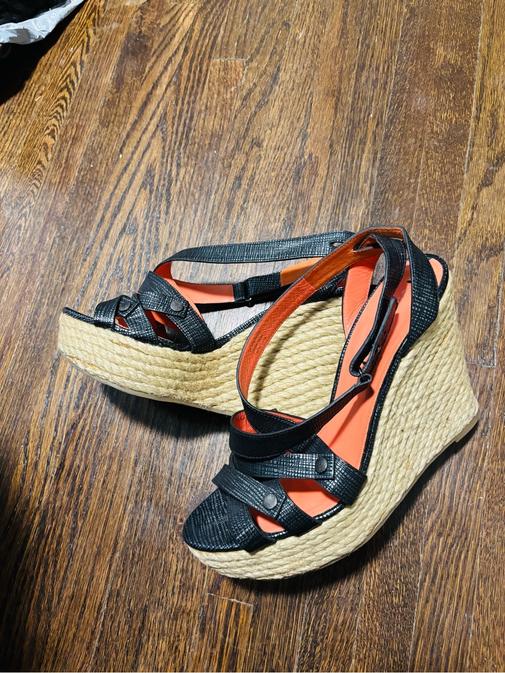 VIA SPIGA, Black Leather Wedge Sandals, Size 10